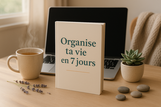 mets un livre poser devant un ordinateur ou il y a ecrit "organise ta vie en 7 jours" avec des éléments autour relaxant 